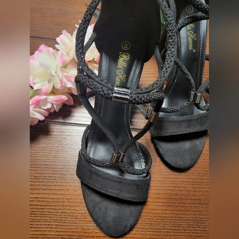 Bella Hanna Black Round Open Toe Chunky Heeled Sandals Size 8